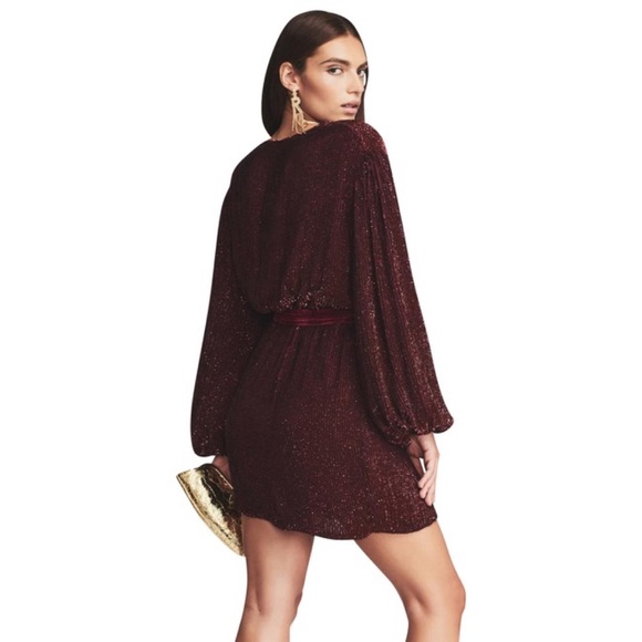 Retrofete Gabrielle sequin robe plum burgundy long sleeve mini dress Size Large - Picture 2 of 9